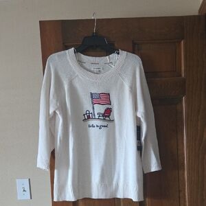 Life Is Good Cream Crewneck Sweater with Flag Embroidery